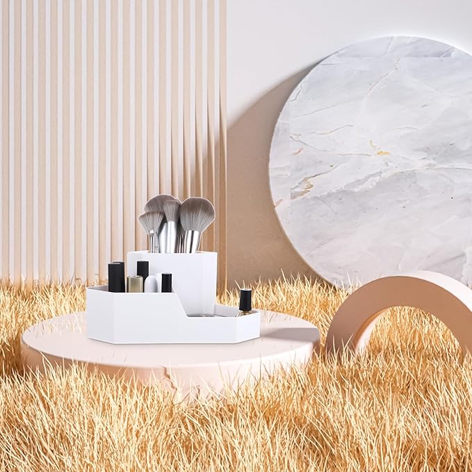 Cabilock White Plastic Makeup Organizer Box Multipurpose Storage for Skincare Bathroom Organizer and Makeup Brush Holder with Corner Design