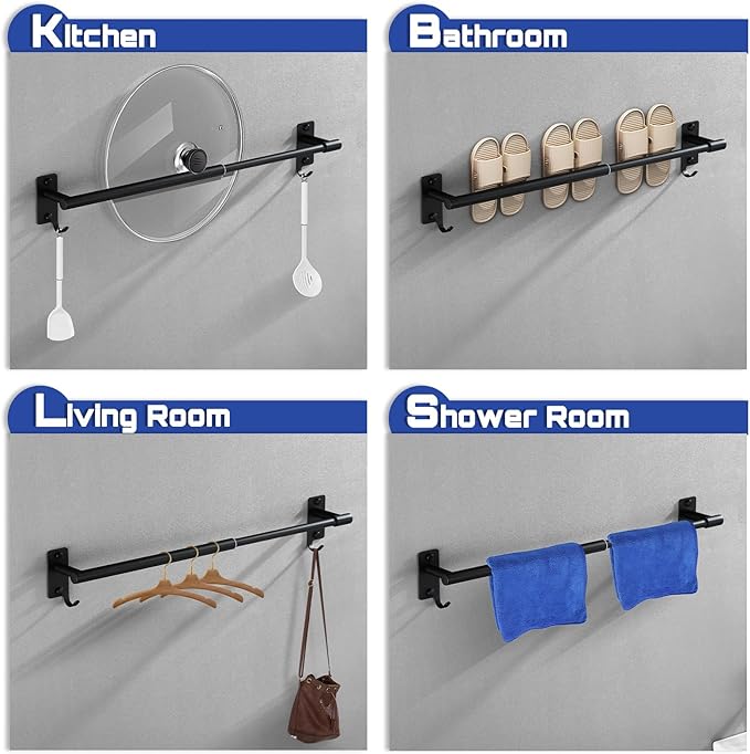 Adjustable Towel Rack for Bathroom, Stainless Steel Sturdy Towel Bar Rod (14.5”-23.6”) Wall Mount, Rustproof Towel Holder with Hanger Hook, Space-Saving Towel Rail for Bathroom Kitchen - Black