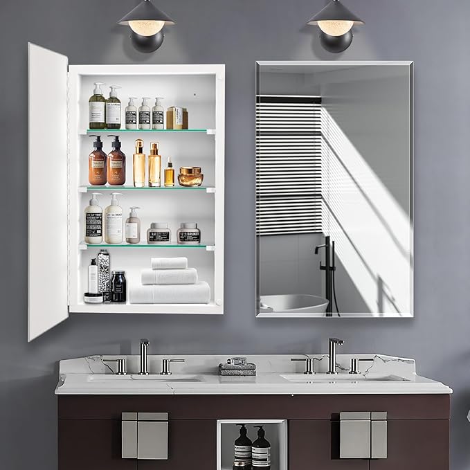 Bathroom Medicine Cabinet with 16x20 in Rectangular Beveled Frameless Mirror,Wall Mounted Mirror Cabinet for Bathroom Toilet Kitchen,Recess or Surface Mount