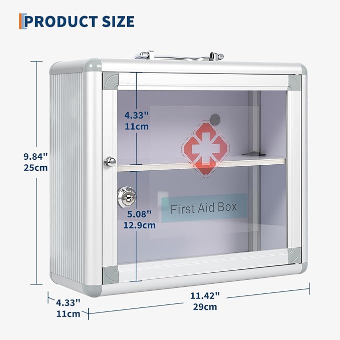 Garvee Small Lockable Medicine Cabinet with Handle,Protable First Aid Cabinet Wall Mount with Sticker for Bathroom,11.42"×4.33"×9.84",Sliver