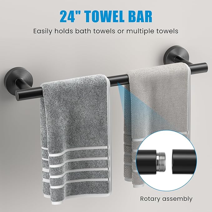 Matte Black 5 Piece Bathroom Hardware Set, SUS304 Stainless Steel Bath Towel Bar Set, 24 Inch Round Bathroom Accessories Kit Wall Mounted, Minimalist Design for All Bathrooms (Matte Black)