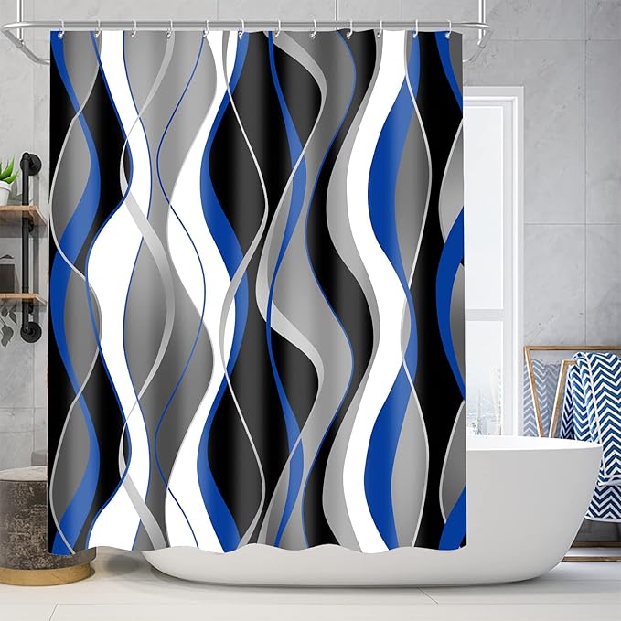Nkzply 4 Pcs Blue Shower Curtain Black Bathroom Sets with Shower Curtain and Rugs Grey Modern Striped Shower Curtain Set White Bathroom Rugs Set Bathroom Decor Toilet Lid Cover Hooks