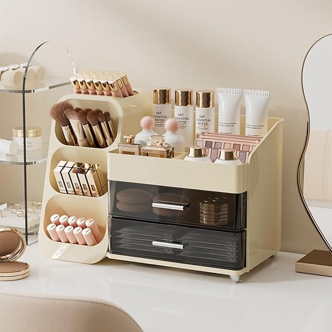 Makeup Organizer for Vanity, Large Capacity Cosmetic Display Case with Clear Acrylic Drawer, Countertop Beauty Storage Holder for Skincare, Brush Eyeshadow Lipstick Counter Desk, Crystal Cream