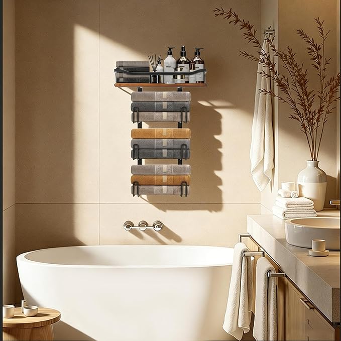 NearMoon Towel Rack with Wooden Shelf, All Metal Rustproof Towel Organizer Holder for Bathroom Storage, Wall Mounted (1 Pack, Matte Black)