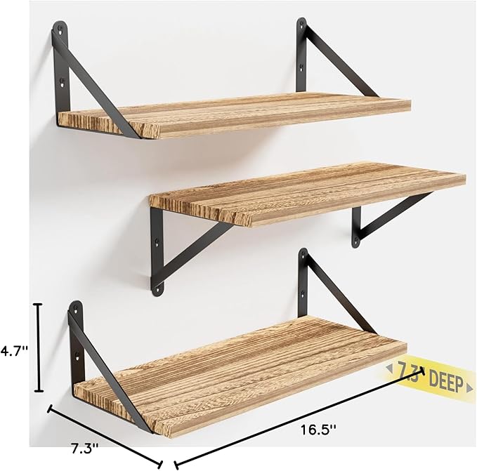 Wall Shelves 7.3" Deep Set of 3, Solid Paulownia Wood Wider Longer Sturdy Easy to Install Wall Mounted Bookshelves Storage Shelves Bathroom Home Office Laundry Room Bedroom Organizer