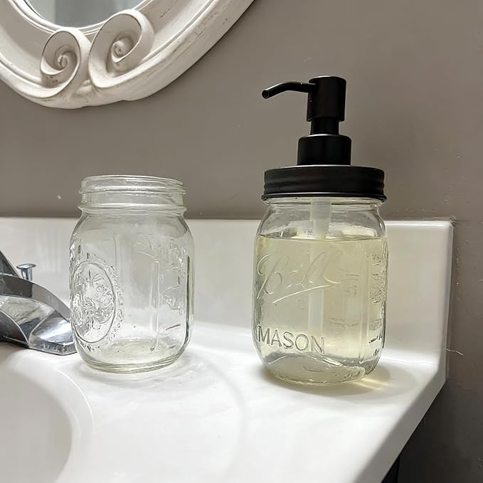Amolliar Mason Jar Liquid Soap Dispenser Lid, Rust Proof Stainless Steel Replacement, Farmhouse Decor for Kitchen, Bathroom, Bath, Liquid Soap Pump for Hand Soap, Dish Soap, Lotion Soap, Black 2 Pack