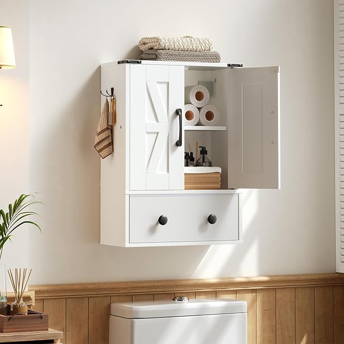 YATINEY Bathroom Wall Cabinet, Medicine Cabinet with Fabric Drawer, Double-Door Wall Mounted Storage Cabinet, 2 Hooks, Over The Toilet Space Saver Storage Cabinet, for Bathroom, Kitchen, White