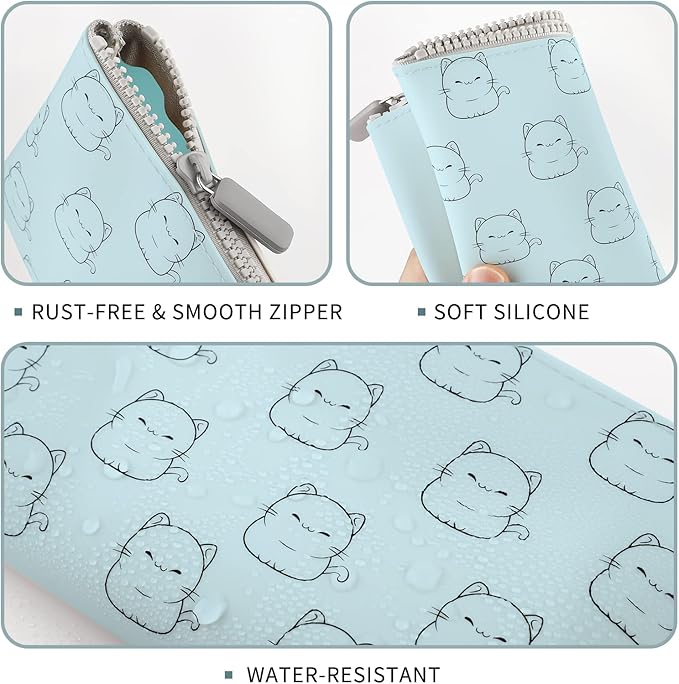 Manmihealth Cute Cat Silicone Makeup Bag, Cosmetic Bags for Women, Makeup Brushes Holder Travel, Portable Purse Pouch for Travel Essentials, Zipper Storage Organizer Bag