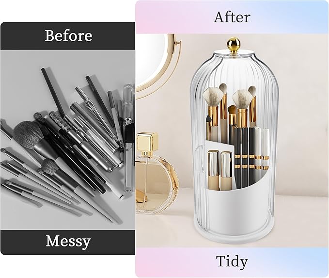Makeup Brush Holder Organizer, 360 Rotating Makeup Brush Holder, Dustproof Waterproof Material & with 3 Compartments for Organized Storage, Dressing Tables Clear Storage Skincare Cosmetic (White)
