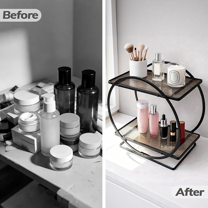 BO2702 2 Tier Bathroom Organizer, Perfume Organizer for Dresser, Black