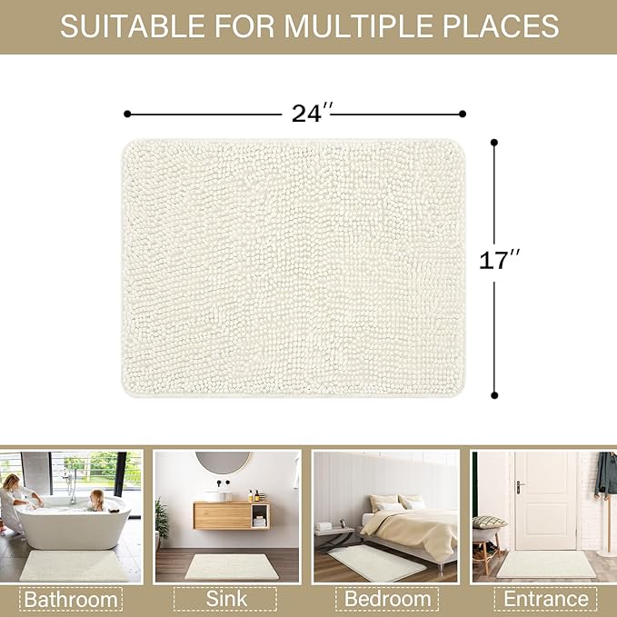 LOCHAS Luxury Bathroom Rug Shaggy Bath Mat 24 x 17 Inch, Washable Non Slip Bath Rugs for Bathroom Shower, Soft Plush Chenille Absorbent Carpets Mats, Cream White