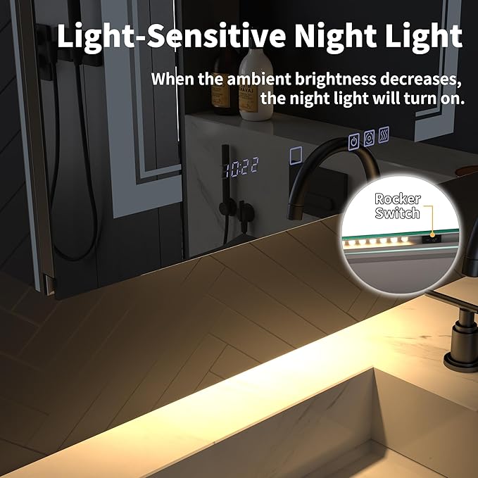 ExBrite 40 x 32 LED Lighted Medicine Cabinet with Mirror, Front & Backlit, Night Light, Clock & Temperature Display, Defog, 5X Magnifier, 3-Color Dimmable LED, Surface or Recessed Mount