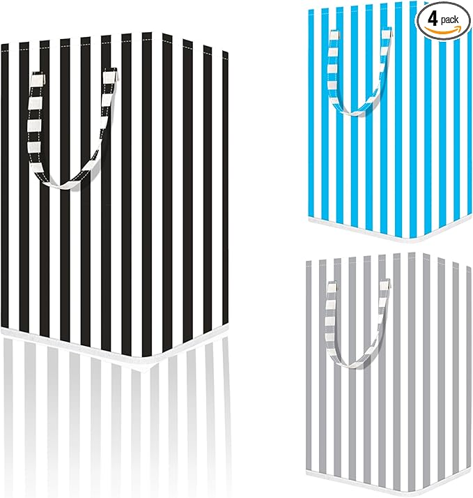 Large Laundry Basket ，75L Waterproof,Collapsible Laundry Hamper with Extended Handles for Clothes in the Family Dorm (Vertical Stripe Black，Blue，Grey，)