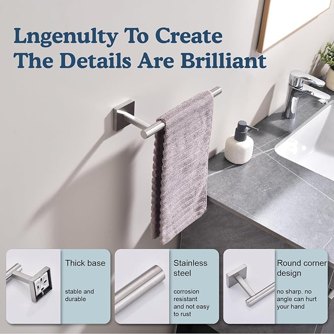 Brushed Nickel Hand Towel Holder,Thicken SUS 304 Stainless Steel Towel Bar Towel Ring for Bathroom, Modern Design Hand Towel Rack Towel Hanger Wall Mounted