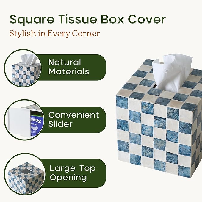 CHI AN HOME 5.7" Square Tissue Box Cover, Handmade Checkered Cube Tissue Box Cover with Capiz Shells, Decorative Tissue Holder for Living Room, Bathroom, Bedroom or Office (Navy Blue)