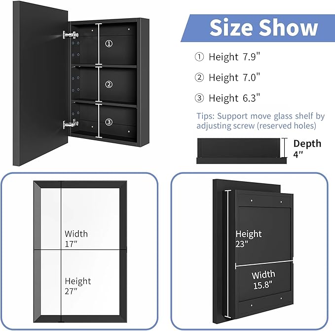 AGDULL Retro-Style Medicine Cabinet with 17’’x27’’ Solid Wood Mirror Frame, Bathroom Recessed Wall Cabinet, Living Room Wood Storage Cabinet, Black