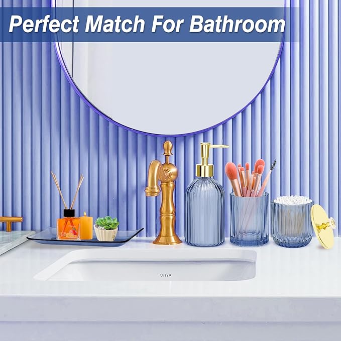 Jenseits Blue Bathroom Accessories, 4 Pcs Glass Bathroom Set Complete Includes Soap Dispenser, Toothbrush Holder, Apothecary Jar, Vanity Tray, Decorative Bathroom Organizers Decor, Housewarming Gift