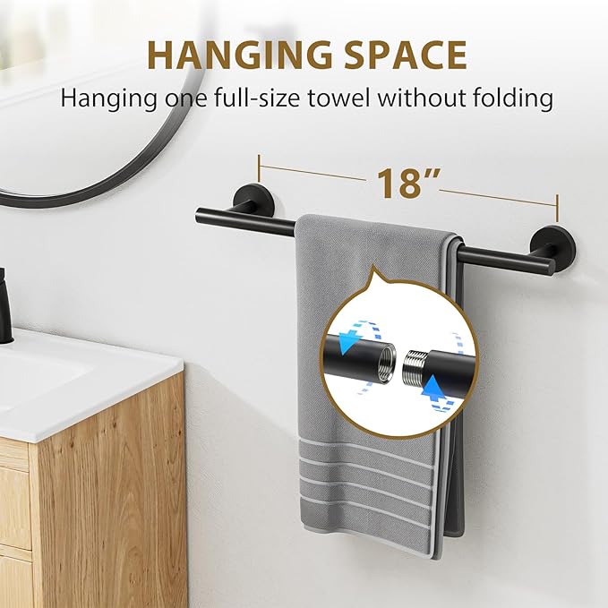 Luxbaro Matte Black Bathroom Hardware Set, Modern 18 Inch Towel Bar Set, Wall Mounted Bathroom Accessories Set, Durable SUS304 Stainless Steel, 4-Piece