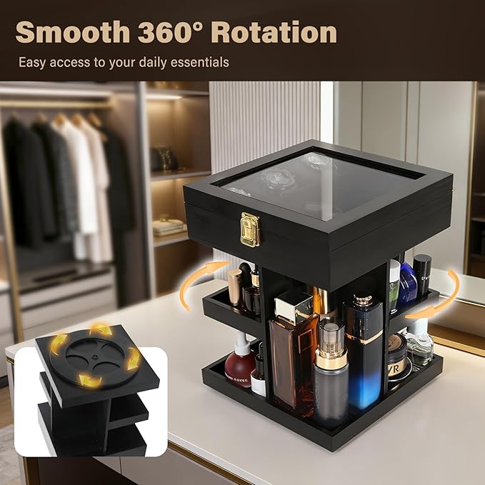 Cologne Organizer for Men 360 Rotating Wood Perfume Display Stand 3 Tier Large Capacity Mens Organizador de Perfumes for Bathroom Countertop Desk Organizers,Birthday Gifts for Men