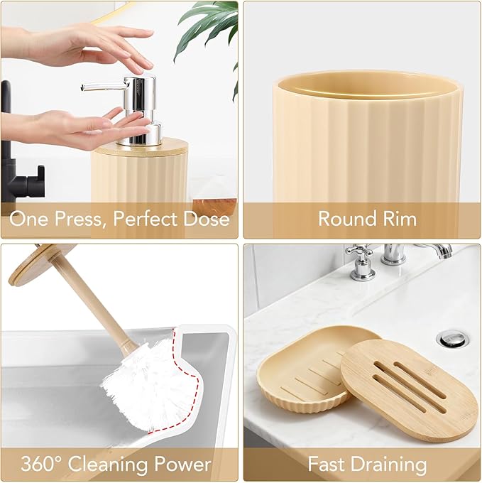 Bathroom Accessories Set,10PC Wicker Home Set with Trash Can, Tissue Box,Tray, Soap Dispenser, Soap Dish, Toothbrush Holder, Toothbrush Cup,Toilet Brush and Qtip Holders (Ratten, Beige)