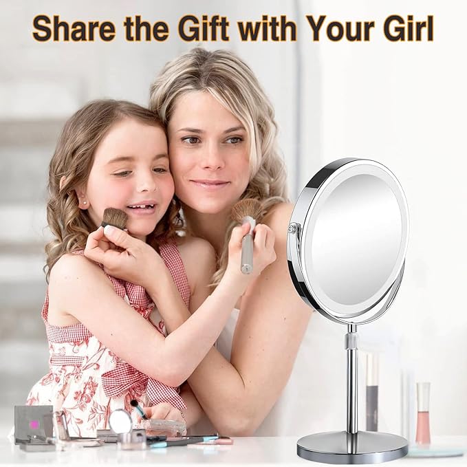 Makeup Mirror with Lights and Magnification, Electric Lighted Standing Mirror with 10x Magnification, Magnifying Mirror with Light for the Bathroom, 360° Rotation & Height Adjustable