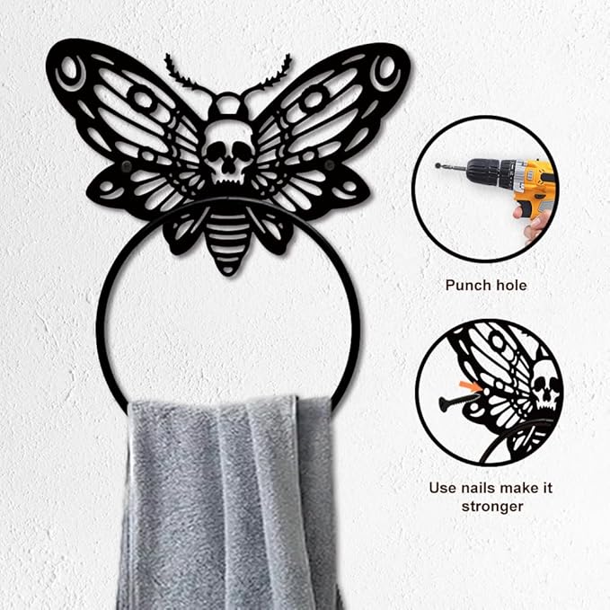MAYJOYDIY Death Head Moth Metal Towel Ring Halloween Skeleton Insects Towel Holder Bath Towel Ring Black Art Towel Rack for Bathroom Kitchen Towel Hanger Home Decors Gift