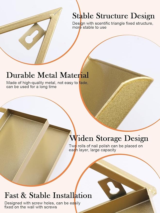 Lorvain Metal Wall-mounted Nail Polish Storage Racks 5 Tiers Gold Triangular Display Rack Cosmetic Display Cases Lipstick Perfume Wall Shelf Essential Oil Organizers for Home Spa Nail Salon Shop