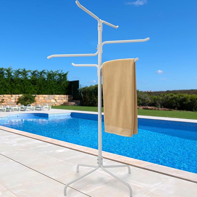 Pool Towel Rack Outdoor, Heavy Duty Freestanding Towel Holder Stand with 6 Bars & Stable Metal Base, 52-inch Tall Hot Tub Towel Hanger for Poolside, Spa, Bathroom, Sauna (White)
