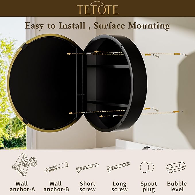 TETOTE Gold Medicine Cabinet with Mirror Round Medicine Cabinets 20 x 20 for Bathroom Modern Bathroom Organizer with Shelves Adjustable Shelves Wall Mounted
