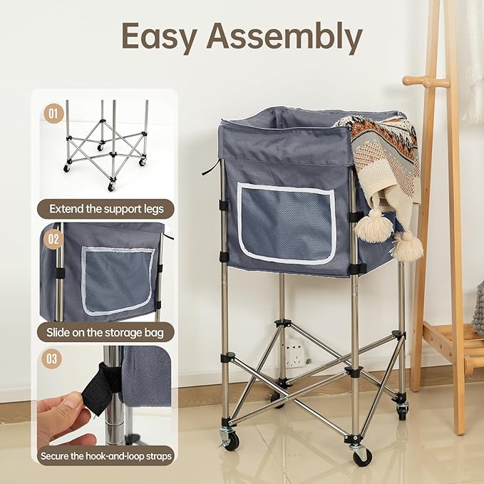 35.9" Tall Laundry Cart with Wheels, No-Bend Rolling Laundry Basket, Stable Stainless Steel Frame, Collapsible Laundry Hamper for Bathroom, Dorm & Bedroom, 600D Washable Bag – Grey