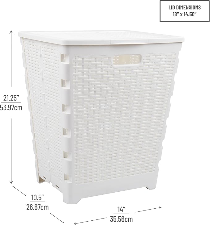 Mind Reader 61L Foldable Laundry Hamper, Clothes Basket, Lid, Wicker Design, Plastic, 18"L x 14.5"W x 21.25"H, White