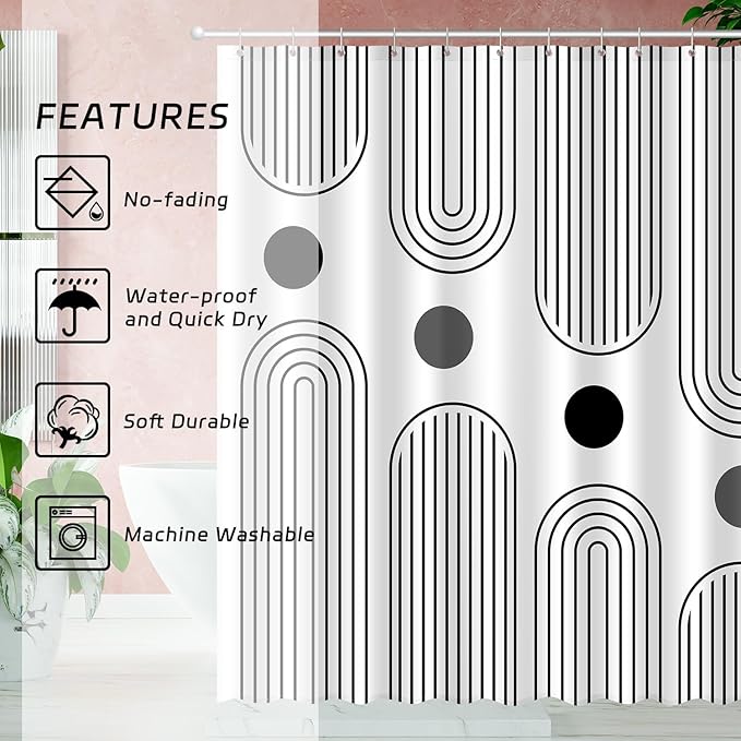 Boho Mid Century Shower Curtain Set, Modern Minimalist Arch Lines Sun Abstract Aesthetics Bathroom Decor, Waterproof Fabric White Bohemian Bath Curtain with 12 Hooks 72x72 inches