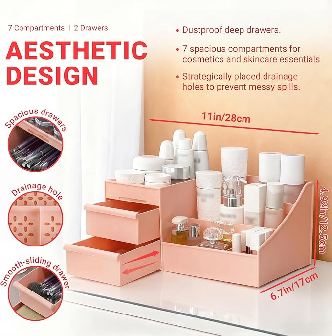Makeup Organizer with Drawers, Cosmetic Organizer for Vanity Dresser Bathroom Countertop, Large CapacityOrganizer for Skincare, Lipstick, Palettes (Pink-2 Pack)