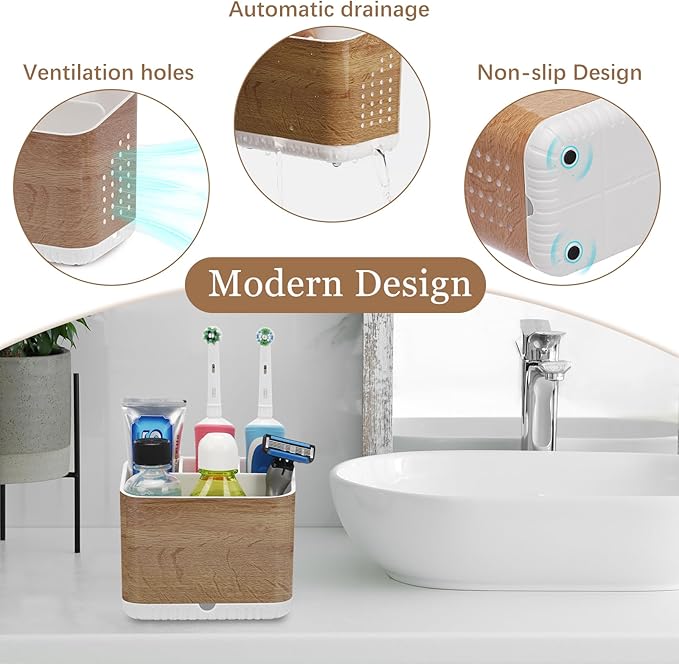 PARKMANI Toothbrush Holders for Bathrooms, Kids Electric Toothbrush and Toothpaste Holder, Toothbrush Caddy Organizer, 4 Slots Tooth Brushing Stand for Bathroom Organizer Countertop (Wood Grain)
