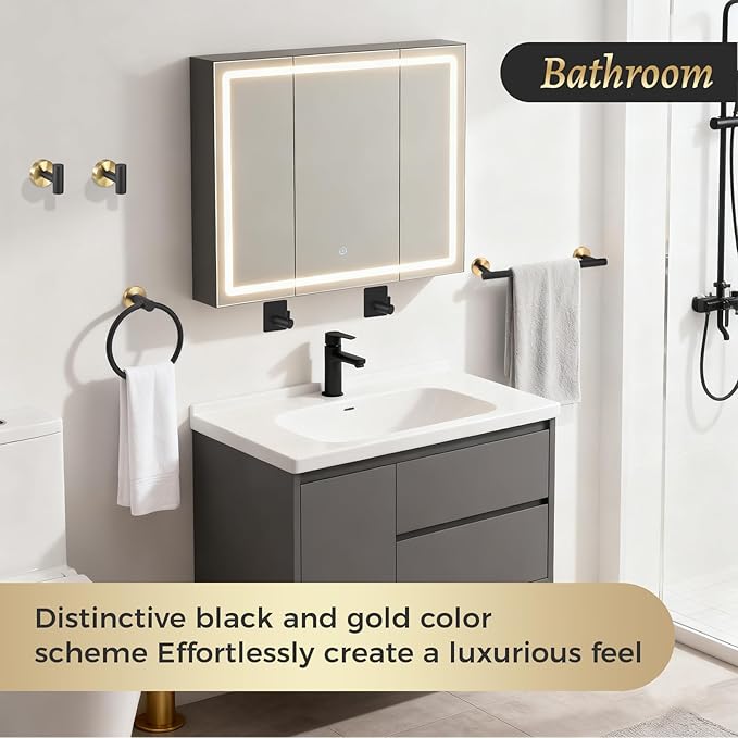 7 Pcs Bathroom Hardware Accessory Set, Stainless Steel Towel Racks for Bathroom, Black and Gold Bathroom Accessories，Modern Luxury Bathroom Towel Holder & Toilet Paper Holder