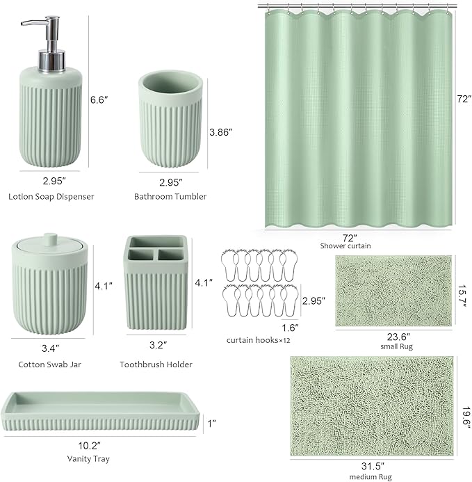 XLHOMO Light Green Bathroom Sets with Shower Curtain and Rugs, 8-Piece Resin Bathroom Accessories Sets Complete, Soap Dispenser, Toothbrush Holder, Tumbler, Tray & Apothecary Jars Bathroom Essentials
