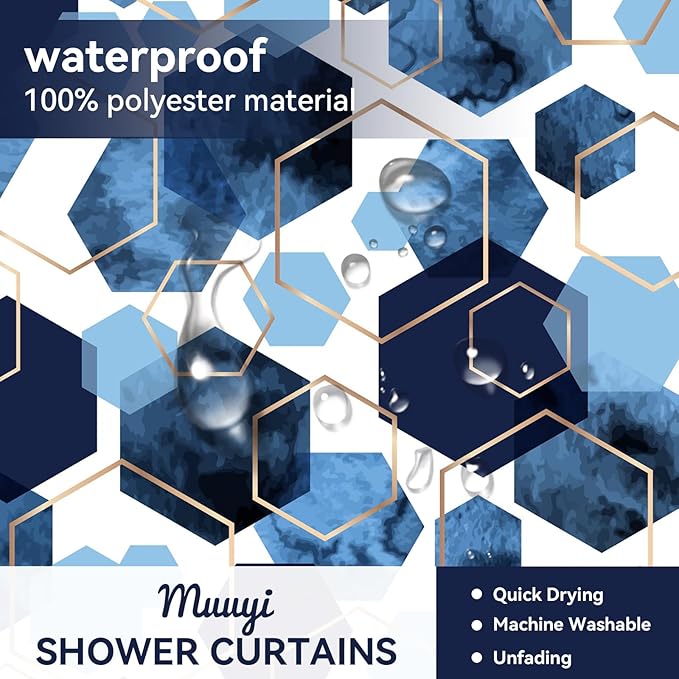 Muuyi 4Pcs Navy Blue Geometric Shower Curtain Set, Neutral Modern Art Deco Shower Curtain with Hooks, Elegant Trendy Simple Bathroom Sets with Shower Curtain and Rugs, 71 * 71in