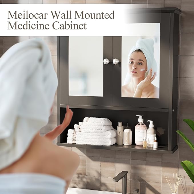 Meilocar Bathroom Wall Cabinet with Mirror, Bathroom Mirror Cabinet Wall Mounted, Over Toilet Medicine Cabinets with Adjustable Shelf, Large Capacity, Black