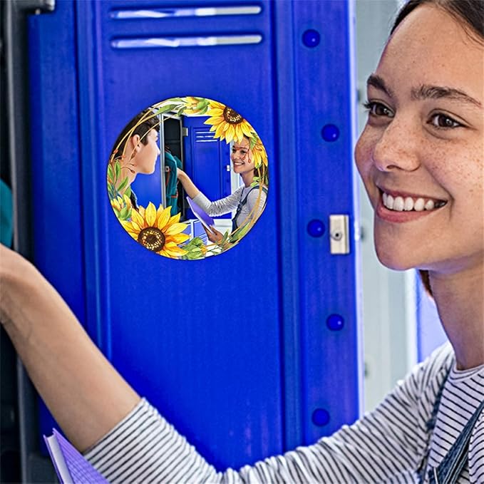 Magnetic Locker Mirror, Sunflower Decor Acrylic Mirror Magnetic Decorative Mirror, Personal Makeup Mirror Floral Magnetic Mirror for School Locker Refrigerator Office Bedroom Home Decor (Round)