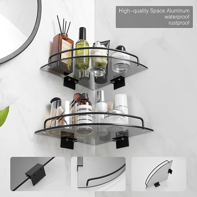 Voldra Glass Corner Shower Caddy, 2 Pack Adhesive Corner Shower Shelves for Inside Shower No Drilling, Tempered Glass Bathroom Corner Shelf with Guardrail Bathroom Shower Organizer Storage Rack(Black)