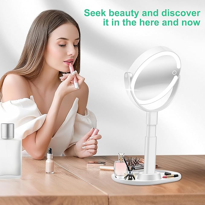 20X/1X Magnifying Makeup Mirror with Lights, Double-Sided Home Vanity Mirror with 3 Color Brightness Adjustable, 360° Rotation, Adjustable Height, Rechargeable, Phone Holder and Storage Tray