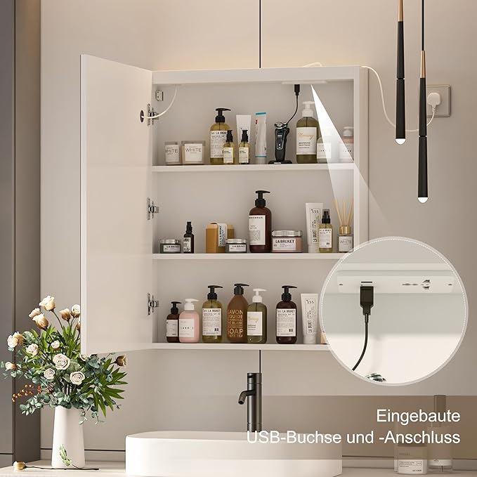 Lighted Medicine Cabinet with Mirror,Bathroom Mirror Cabinet with Shaver Socket,Wall Mounted,3 Color Lights,Outlets & USB,Led Medicine Cabinet Mirror for Bathroom,24x30 Inch