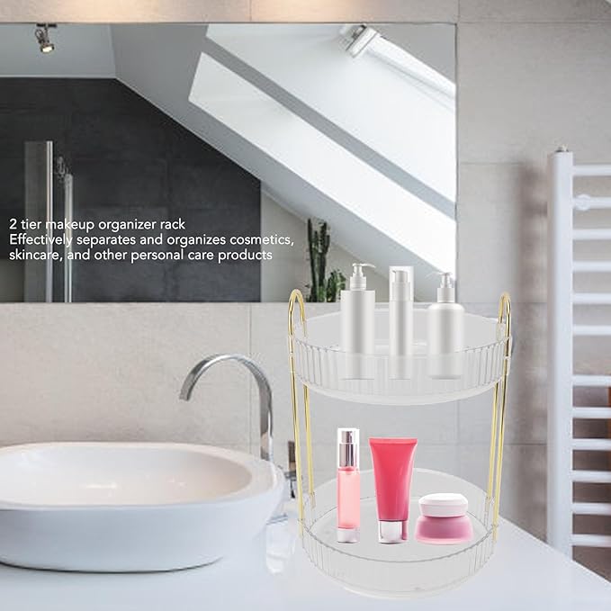 Makeup Organizer,2 Tier Makeup Rack - 360° Rotating Space Saving Cosmetic Countertop for Bedroom, Bathroom, and Kitchen - for Skincare and Beauty Products! (White)