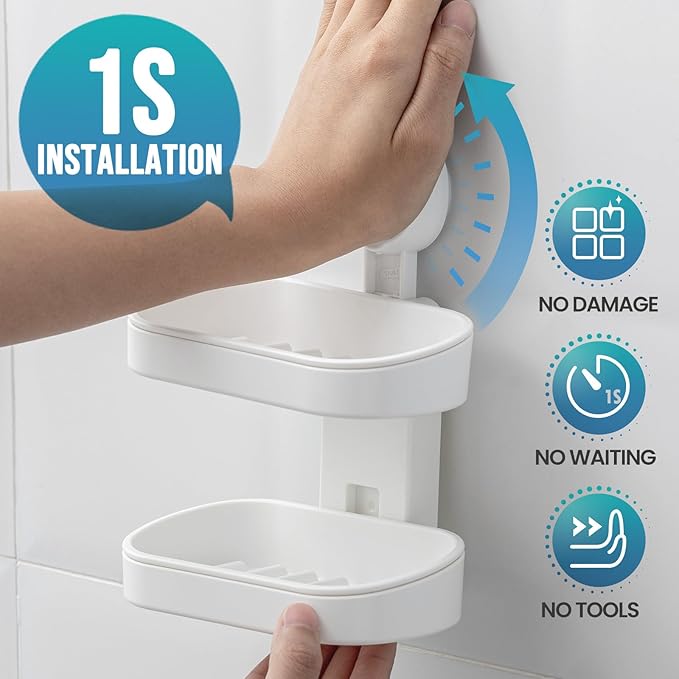 TAILI Soap Holder Soap Dish for Shower, Suction Cup Soap Holder for Shower Wall, Bathroom Accessories, Removable Strong Hold Soap Saver, Drill Free Double Soap Dish, White 2 Layer