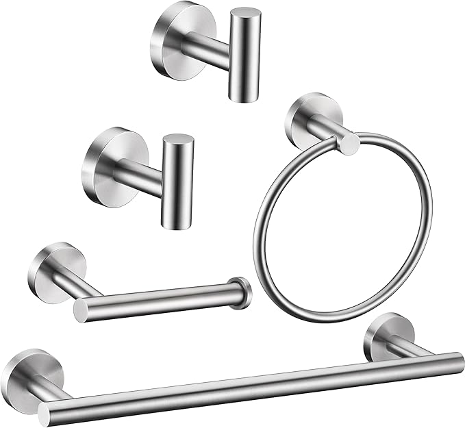 5 Pieces Brushed Nickel Bathroom Hardware Set Include 16inch Towel Bar,2pcsTowel Hooks,Toilet Paper Holder,Hand Towel Ring Round SUS304 Stainless Steel Bathroom Accessories Set Heavy Duty Wall Mounted