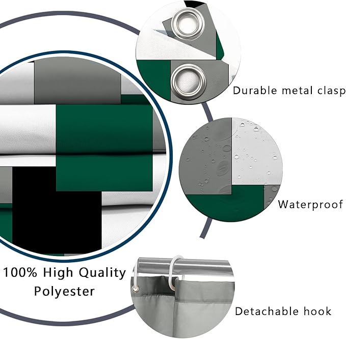 Green Bathroom Set with Shower Curtain and Rugs, 4 Piece Geometric Bathroom Set with Rugs, Incl Shower Curtain with 12 Hooks, Bath Mat, U-Shaped Floor Mat, Toilet Lid Oval Rug