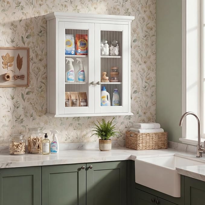 Wall Mounted Bathroom Cabinet with Fluted Glass Doors, Medicine Cabinet with Soft-Close Hinges, Space Saving Wall Organizer for Bathroom Above Toilet Storage (White)