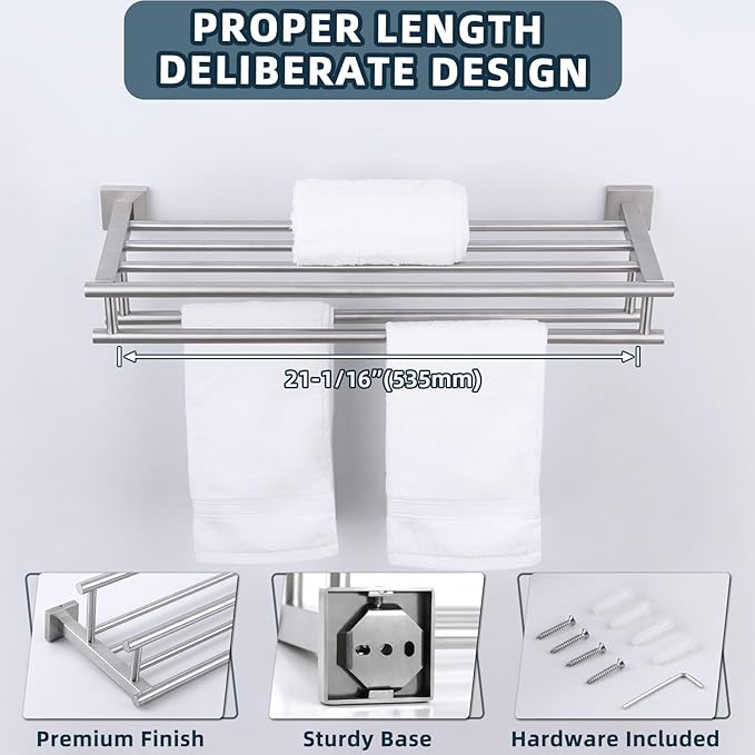 Towel Rack for Bathroom Brushed Nickel, Angle Simple SUS304 Stainless Steel Bath Towel Holder with Shelf for Wall 23.62 Inches