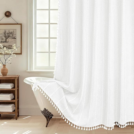72 x 76 inch Extra Long Boho Farmhouse Shower Curtain Heavyweight with Tassels, Soft Linen Textured Fabric Shower Curtain French Country, Elegant White Striped Bathroom Curtain Water Repellent