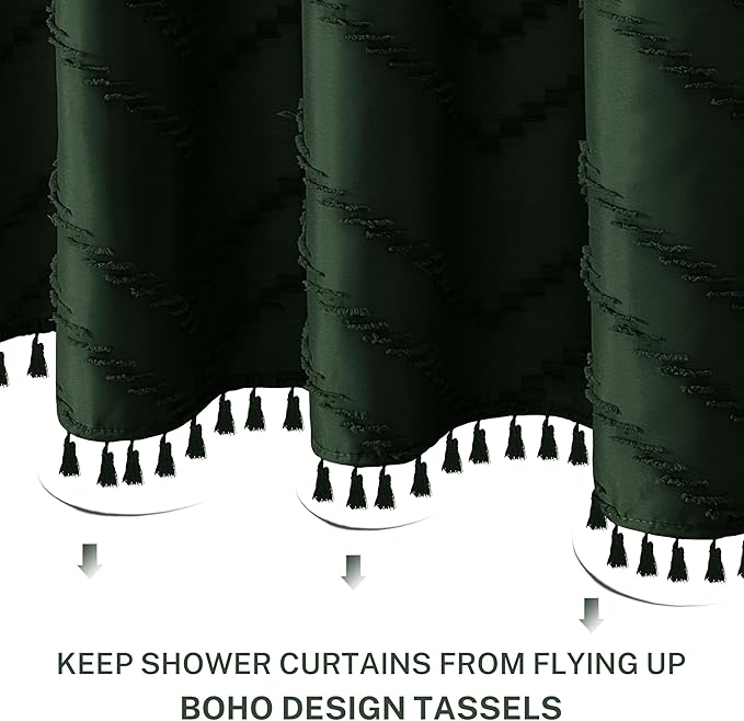 Extra Long Dark Green Boho Shower Curtain with Tassel, Woven Fabric 90 in, Tufted Chevron Striped, 72 x 90, Modern Chic Textured Minimalist Bathroom
